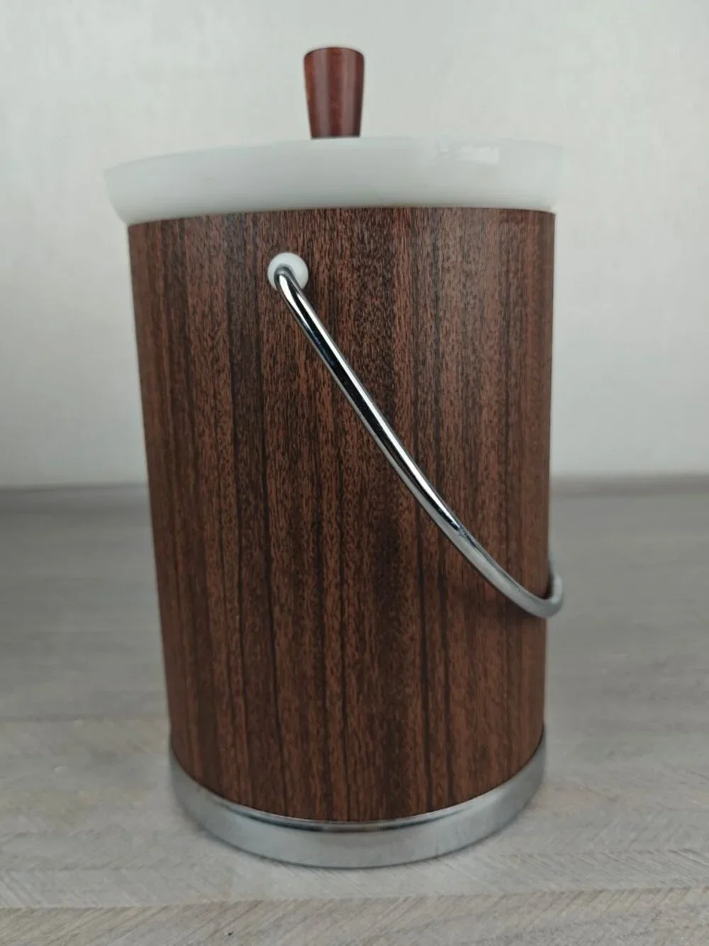 Vintage Kromex Chrome & Woodgrain Ice Bucket With Lid & Tongs Mid-Century Modern